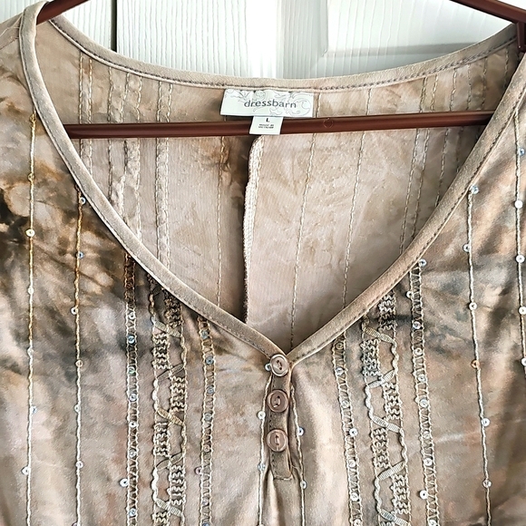 DressBarn Tie Dye Tunic V Neck w 3 Button Neckline, Sequins, Tab Sleeves L EUC - Picture 2 of 16